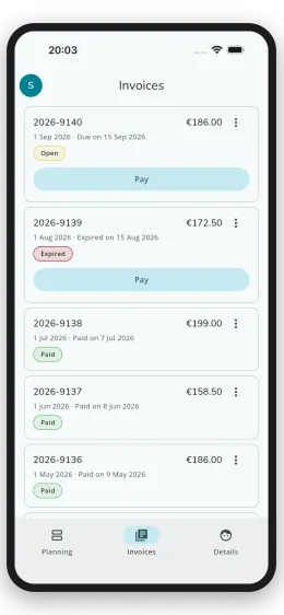 Overview of invoices in the app
