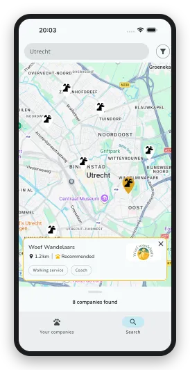 Searching for dog businesses on the map in the DoggyDoggy app