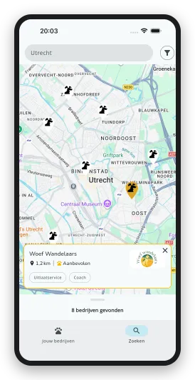 Hondenbedrijven zoeken op de kaart in de DoggyDoggy app