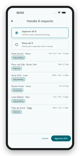 Approving six requests in one go in the DoggyDoggy business app