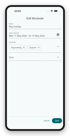 Setting a blocked period in the DoggyDoggy business app, so customers cannot request anything for those days
