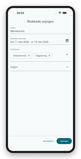 Een blokkade instellen in de DoggyDoggy bedrijfsapp, zodat klanten die periode niets kunnen aanvragen