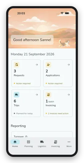 The home screen of the DoggyDoggy business app, with today's requests, applications, trips and invoicing