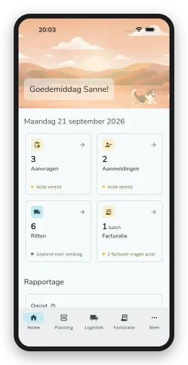 Het beginscherm van de DoggyDoggy bedrijfsapp, met de aanvragen, aanmeldingen, ritten en facturatie van vandaag