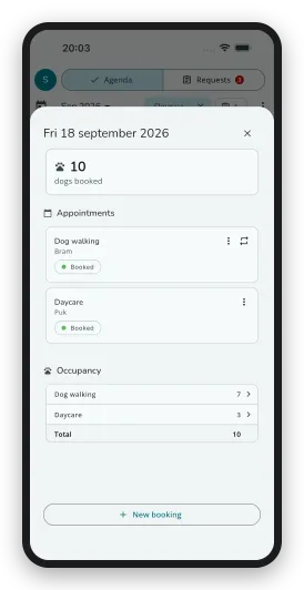The day planning of a dog business in the DoggyDoggy business app, with today's dogs