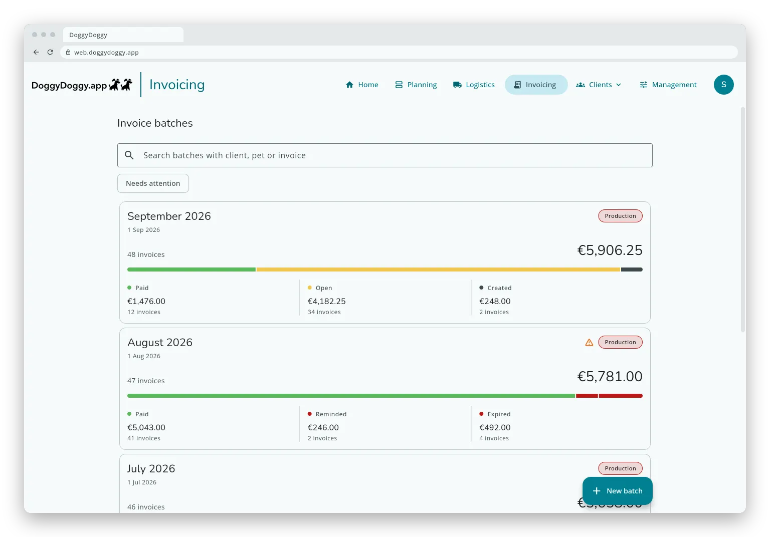 An invoice batch ready to be sent in the DoggyDoggy company portal