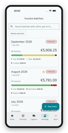 The invoice batches in the DoggyDoggy business app, showing per month what is paid and what is still open
