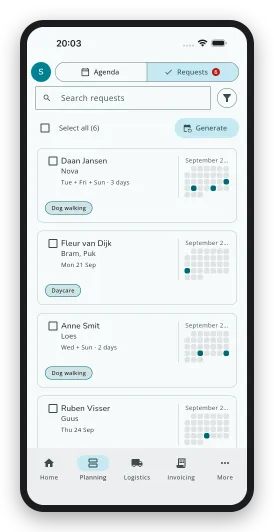 The open requests in the DoggyDoggy business app, each showing the dog, the service and the day