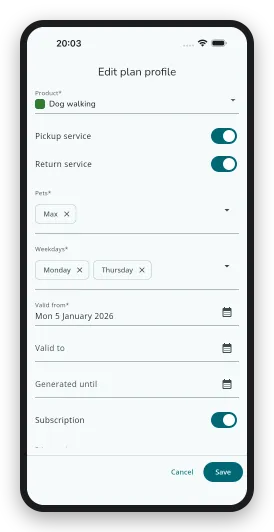 A recurring schedule in the DoggyDoggy business app, with the fixed services per day of the week