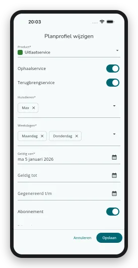 Een planprofiel in de DoggyDoggy bedrijfsapp, met de vaste diensten per dag van de week