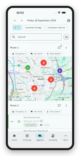 Today's round on the map in the DoggyDoggy business app, with the stops numbered from start to finish