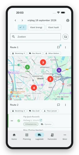 De rit van vandaag op de kaart in de DoggyDoggy bedrijfsapp, met de stops genummerd van start tot eind
