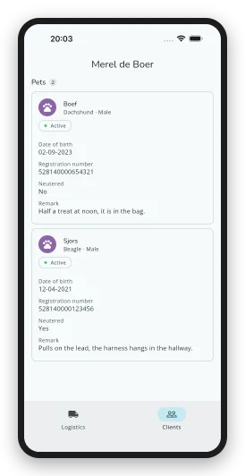 The dog cards of one customer in the DoggyDoggy app, with each dog's particulars, shown here from the staff side