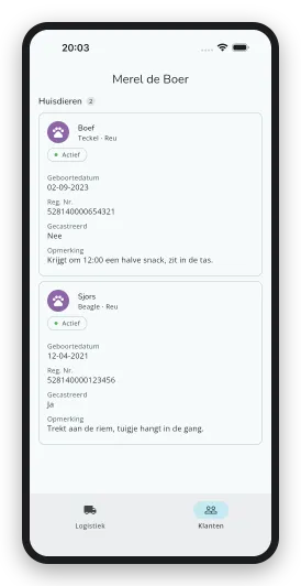 De hondkaarten van een klant in de DoggyDoggy app, met per hond de bijzonderheden, hier vanuit de medewerkerskant